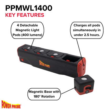 Power Probe PPMWL1400 1400 Lumen Modular Work Light with Detachable LED Pods