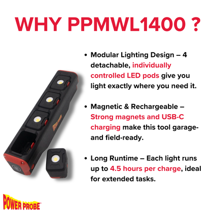 Power Probe PPMWL1400 1400 Lumen Modular Work Light with Detachable LED Pods